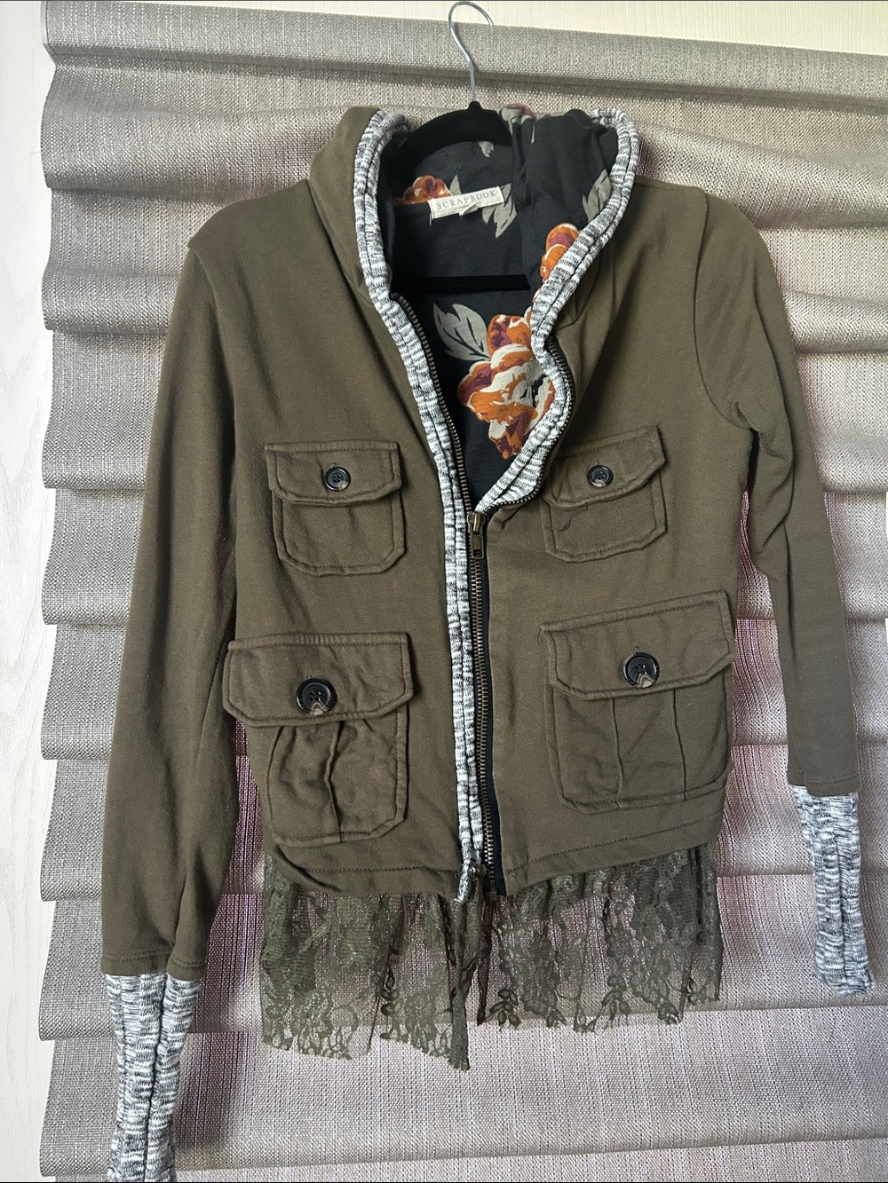 Scrapbook Olive Green Utility Jacket with Lace Hem and Floral Lining